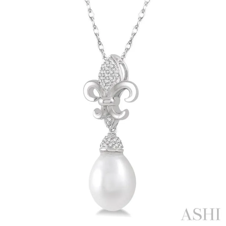 1/10 Ctw 9x7mm White Cultured Pearl & Round Cut Diamond Fleur De Lis Pendant in 10K White Gold