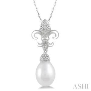 1/10 Ctw 9x7mm White Cultured Pearl & Round Cut Diamond Fleur De Lis Pendant in 10K White Gold