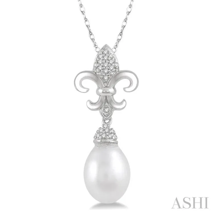 1/10 Ctw 9x7mm White Cultured Pearl & Round Cut Diamond Fleur De Lis Pendant in 10K White Gold