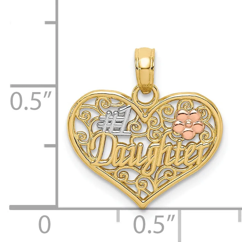 14k Two Tone Gold, White Rhodium Flat Back Polished Finish #1 DAUGHTER In Heart with Flower Swirl Design Charm Pendant