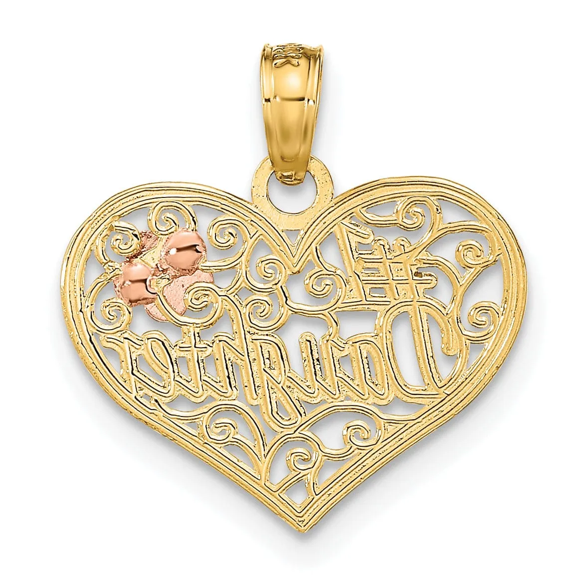 14k Two Tone Gold, White Rhodium Flat Back Polished Finish #1 DAUGHTER In Heart with Flower Swirl Design Charm Pendant