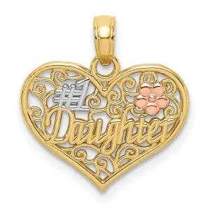 14k Two Tone Gold, White Rhodium Flat Back Polished Finish #1 DAUGHTER In Heart with Flower Swirl Design Charm Pendant