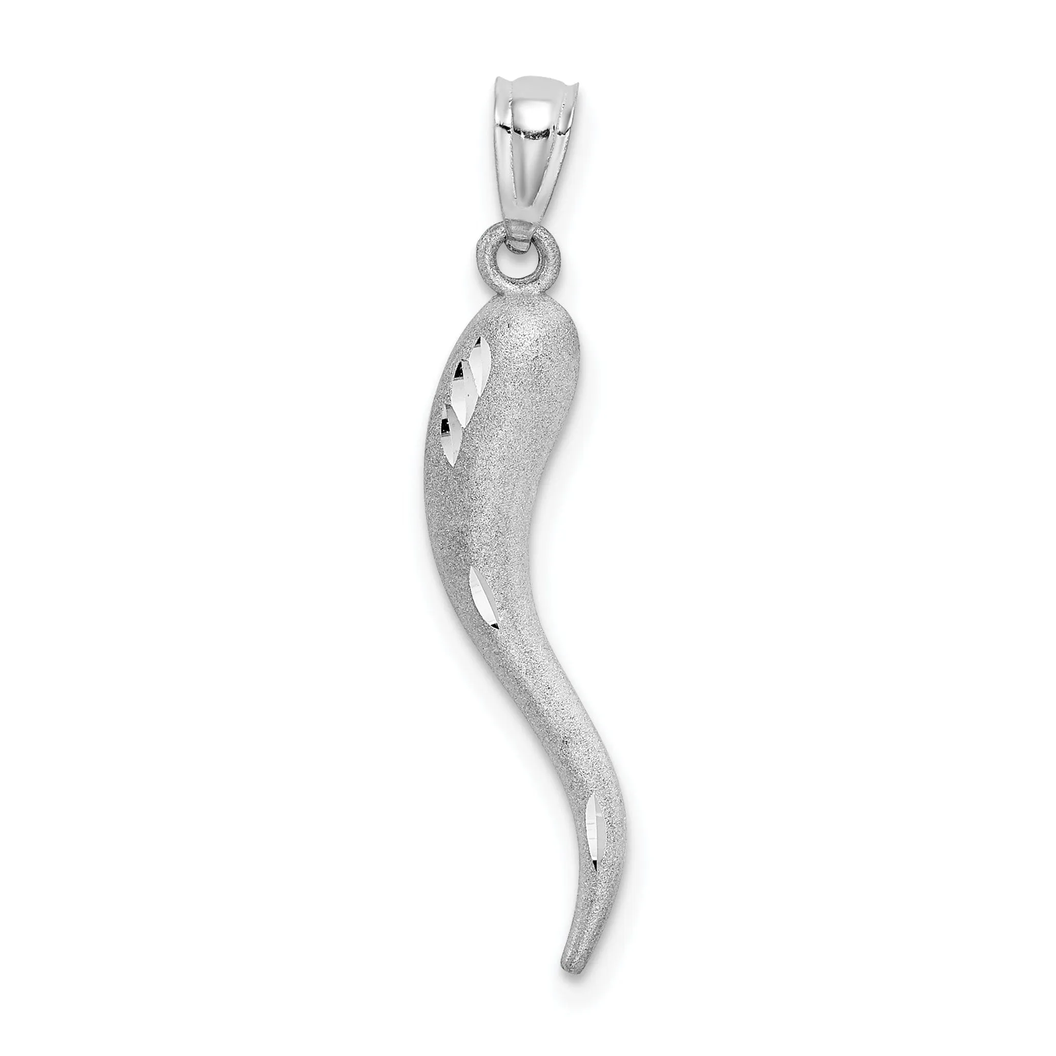 14k White Gold Solid Texture Diamond Cut Brushed Finish Italian Horn Charm Pendant