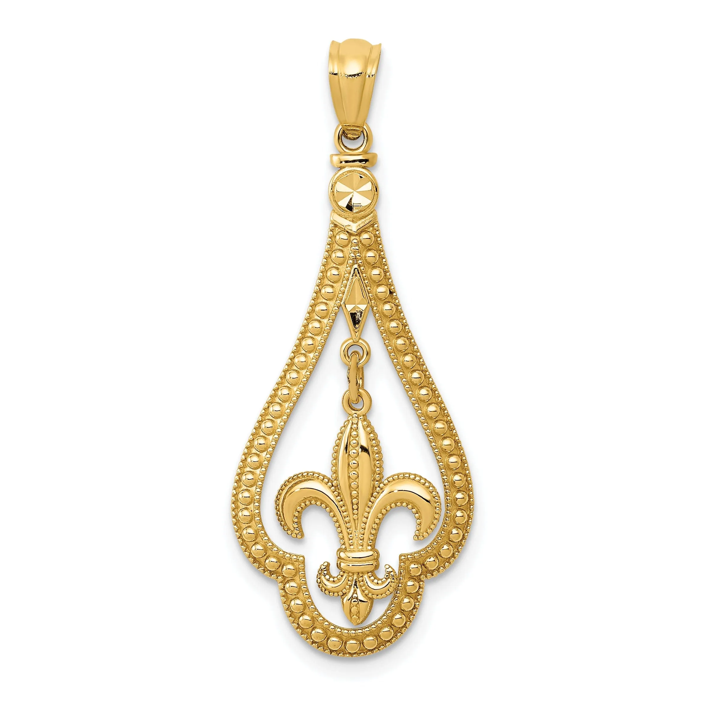 14k Yellow Gold Moveable Polished Diamond Cut Finish Fleur de Lis Dangle Design Charm Pendant