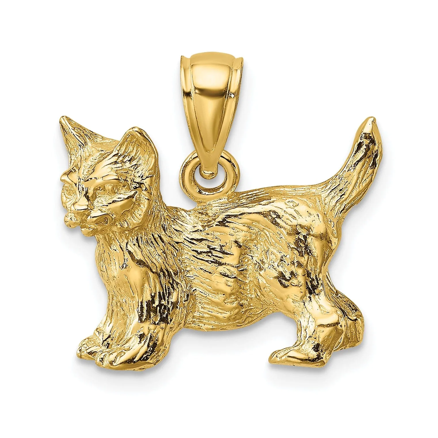 14K Yellow Gold Open Back Textured Polished Finish Cat Standing with Raised Tail Charm Pendant