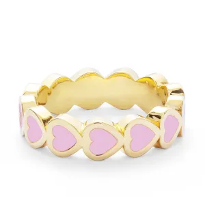 14k Yellow Gold Pink Enamel Heart Eternity Band