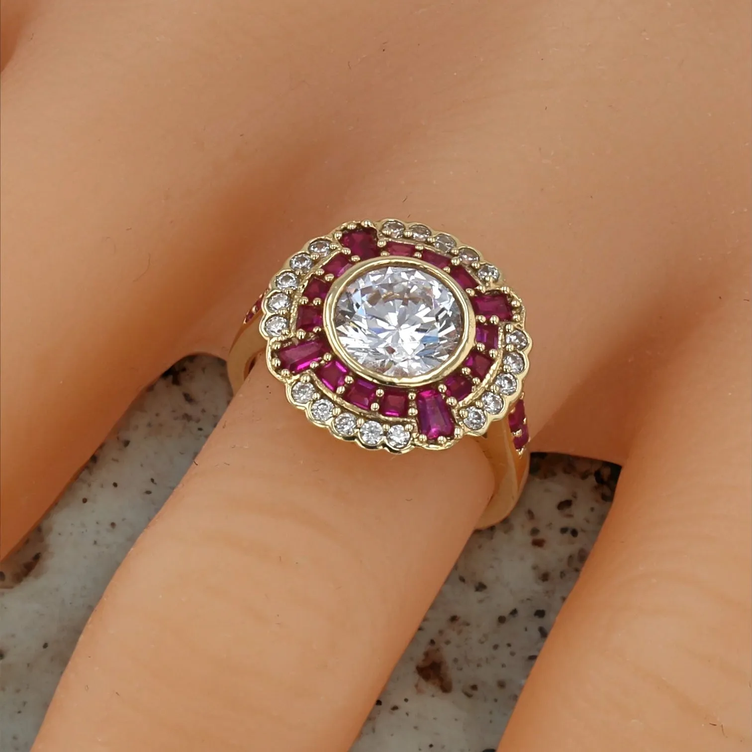 14K Yellow gold round rosette red ruby halo ring-207378