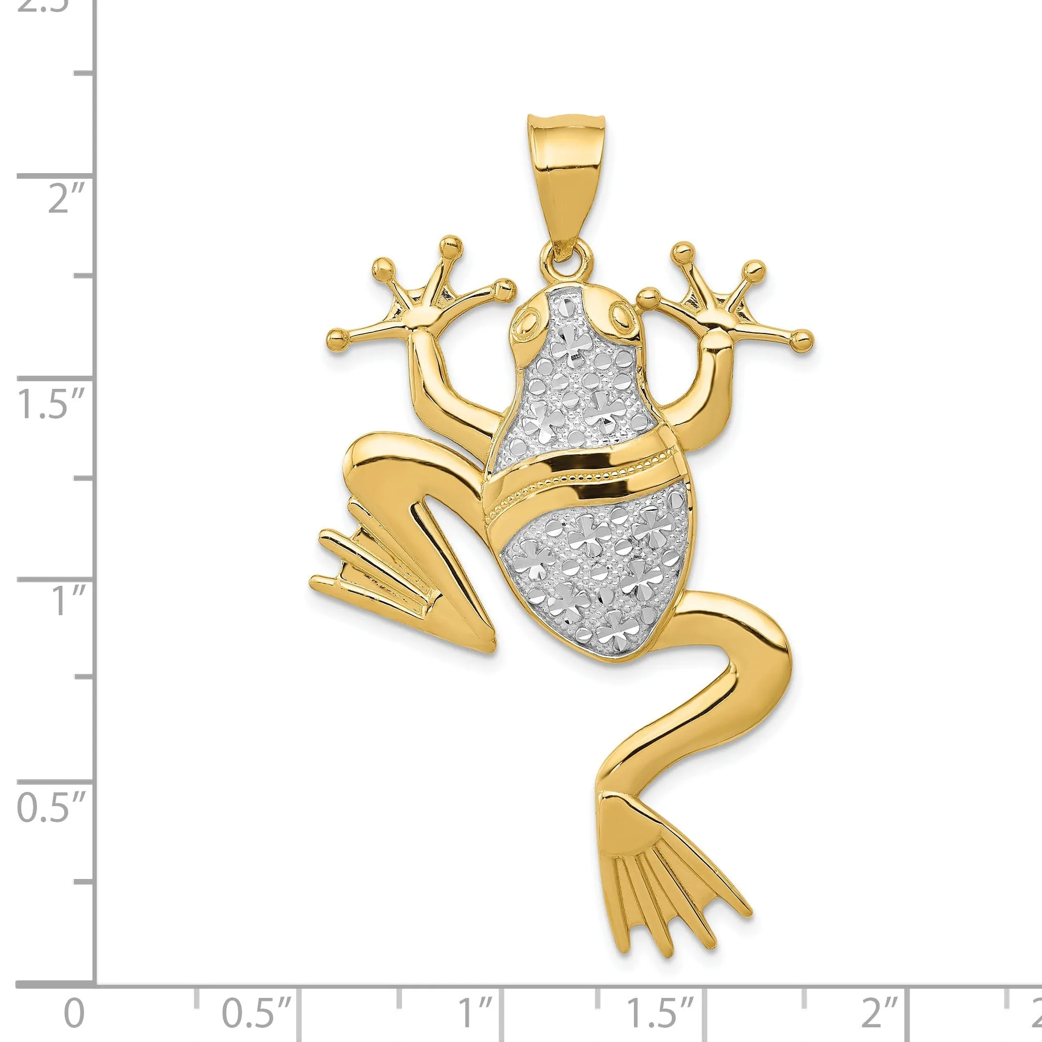 14k Yellow Gold White Rhodium Solid Diamond Cut Finish Frog Charm Pendant