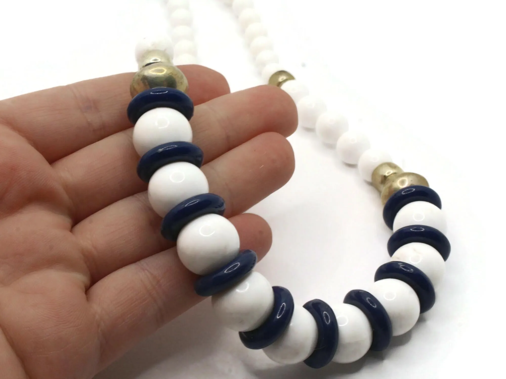 18 Inch Vintage White and Blue Beaded Necklace