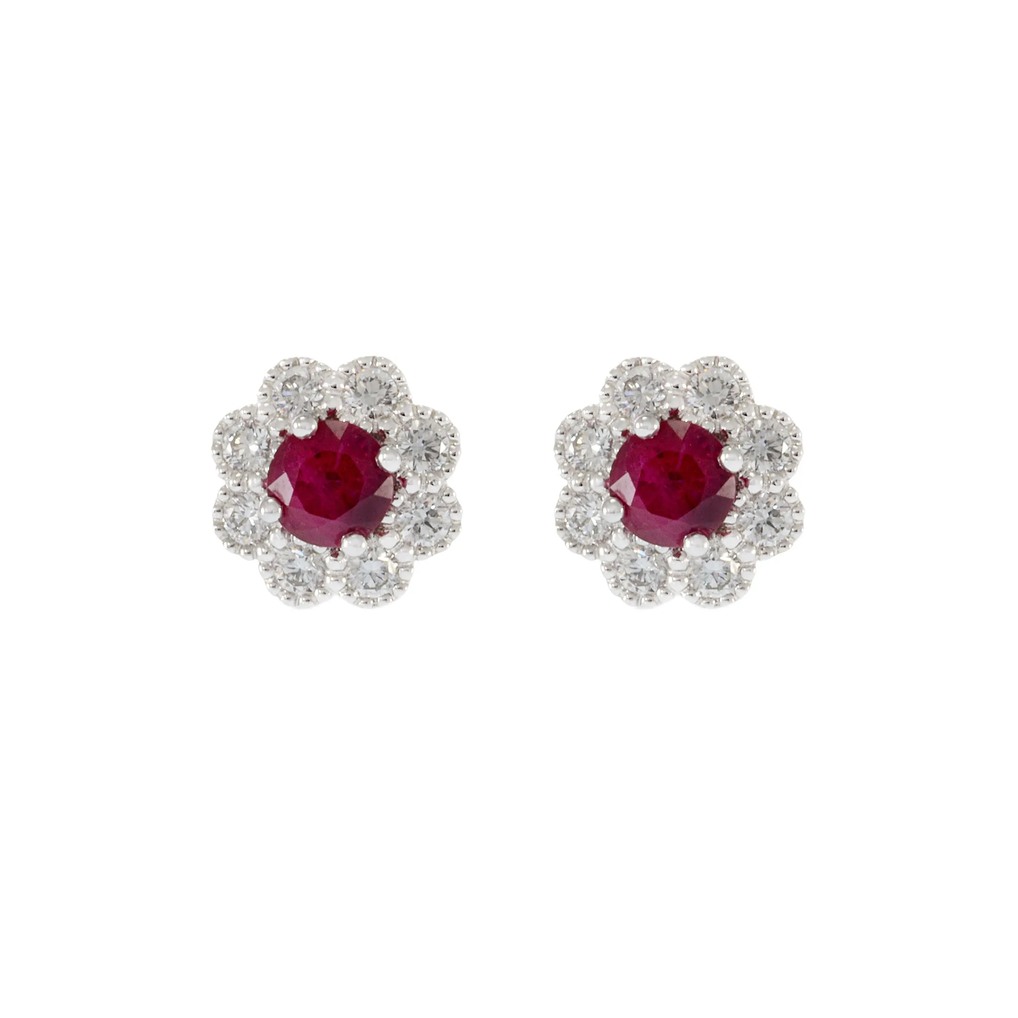 18KT White Gold Ruby and Diamond Flower Earrings