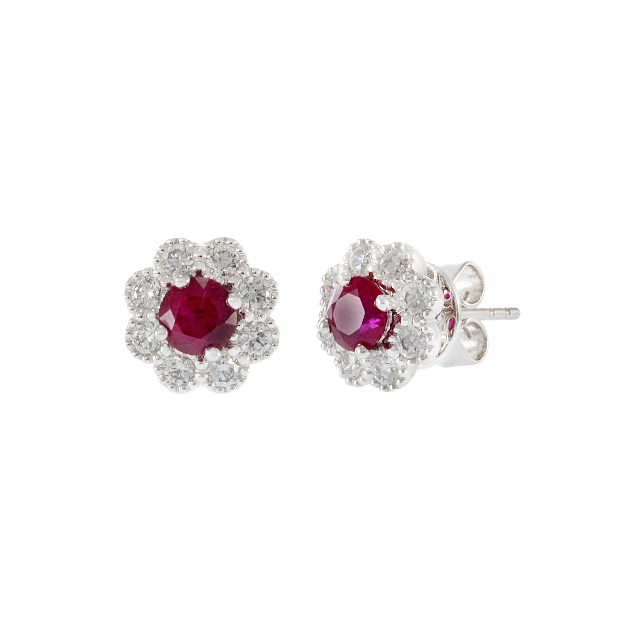 18KT White Gold Ruby and Diamond Flower Earrings