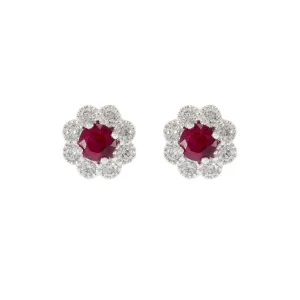 18KT White Gold Ruby and Diamond Flower Earrings