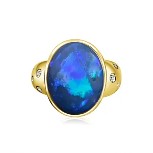 18kt Yellow Gold bezel set band Black Opal 6.05ct and diamonds flush set ring