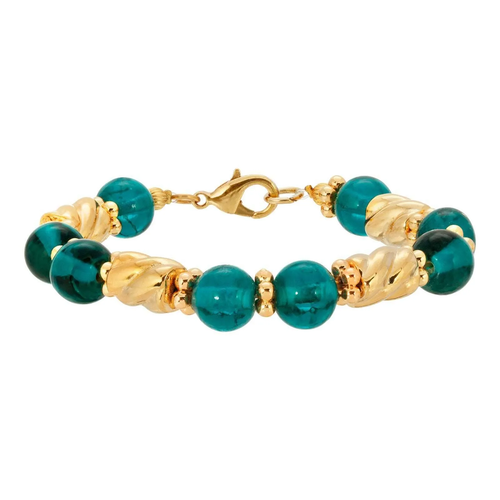 1928 Jewelry Teal Round Glass & Twisted Gold Tone Bead Bracelet