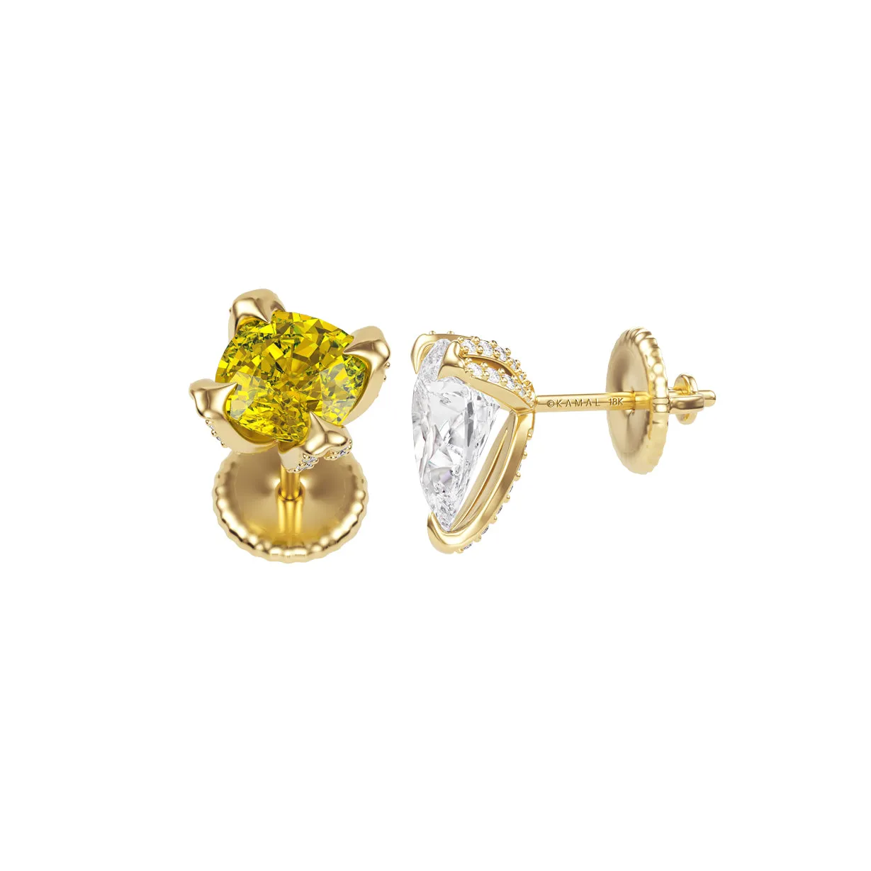 2.15 CT Luxurious Mismatched Earrings: Cushion-Cut Yellow Fancy Diamond and Pear-Shaped White Diamond