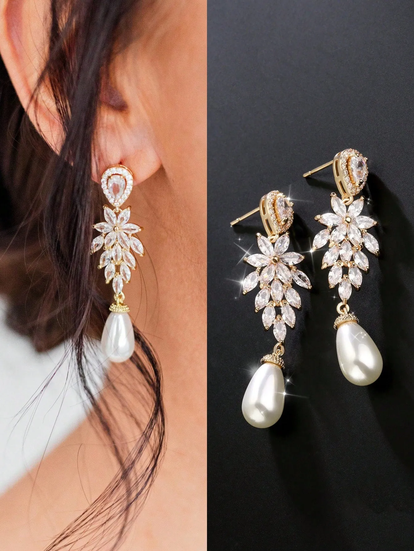 2pcs Luxurious Elegant Pearl & Cubic Zirconia Wedding Bridal Bridesmaid Jewelry Fashion Earrings