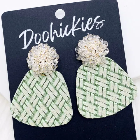 2" Crystal Pom & Metallic Green Basketweave Jasmine Dangles St. Paddy Earrings