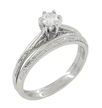 Art Deco Engraved Scrolls White Sapphire Engagement Ring and Wedding Ring Set in 14 Karat White Gold