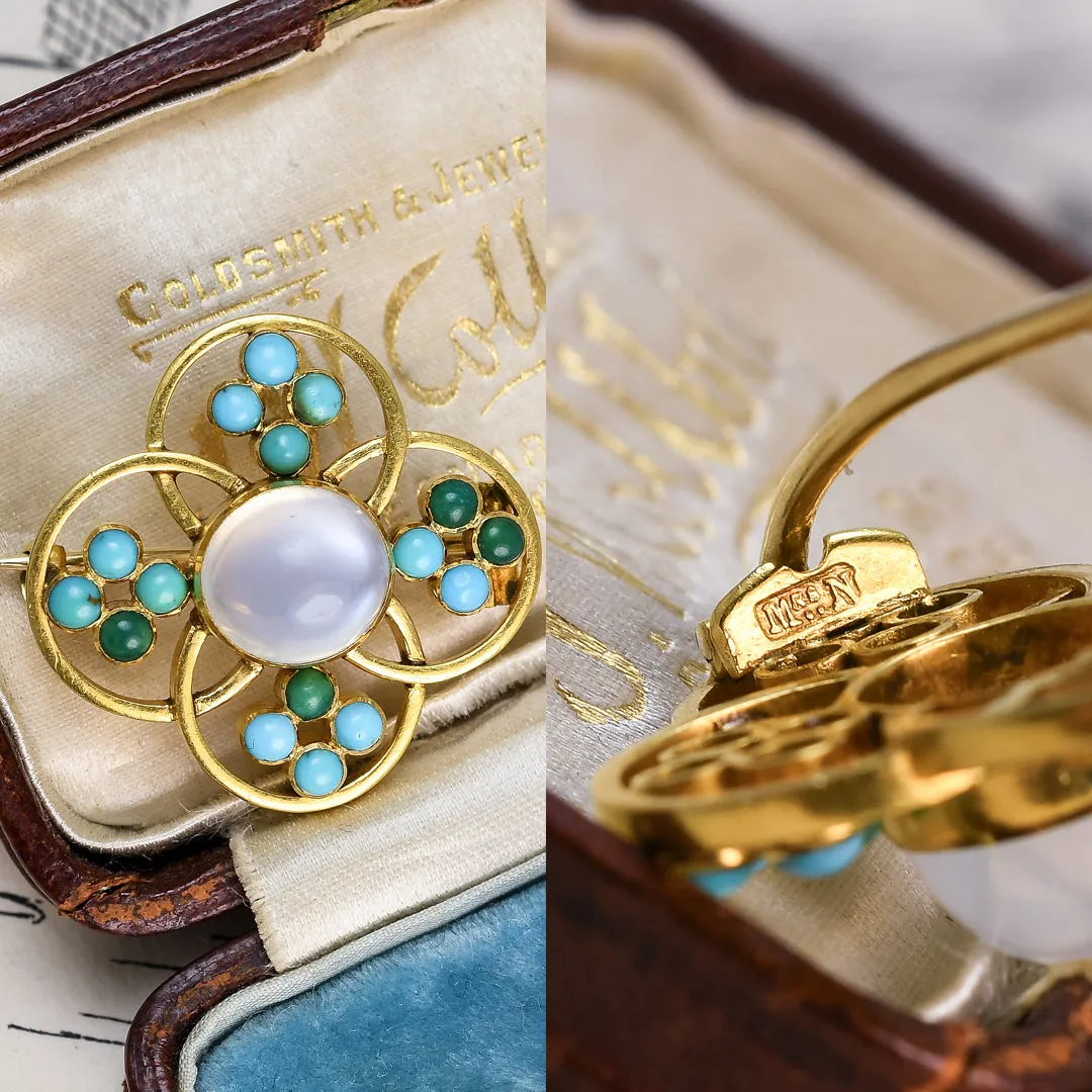 Art Nouveau "Mrs. Newman" Moonstone & Turquoise Brooch