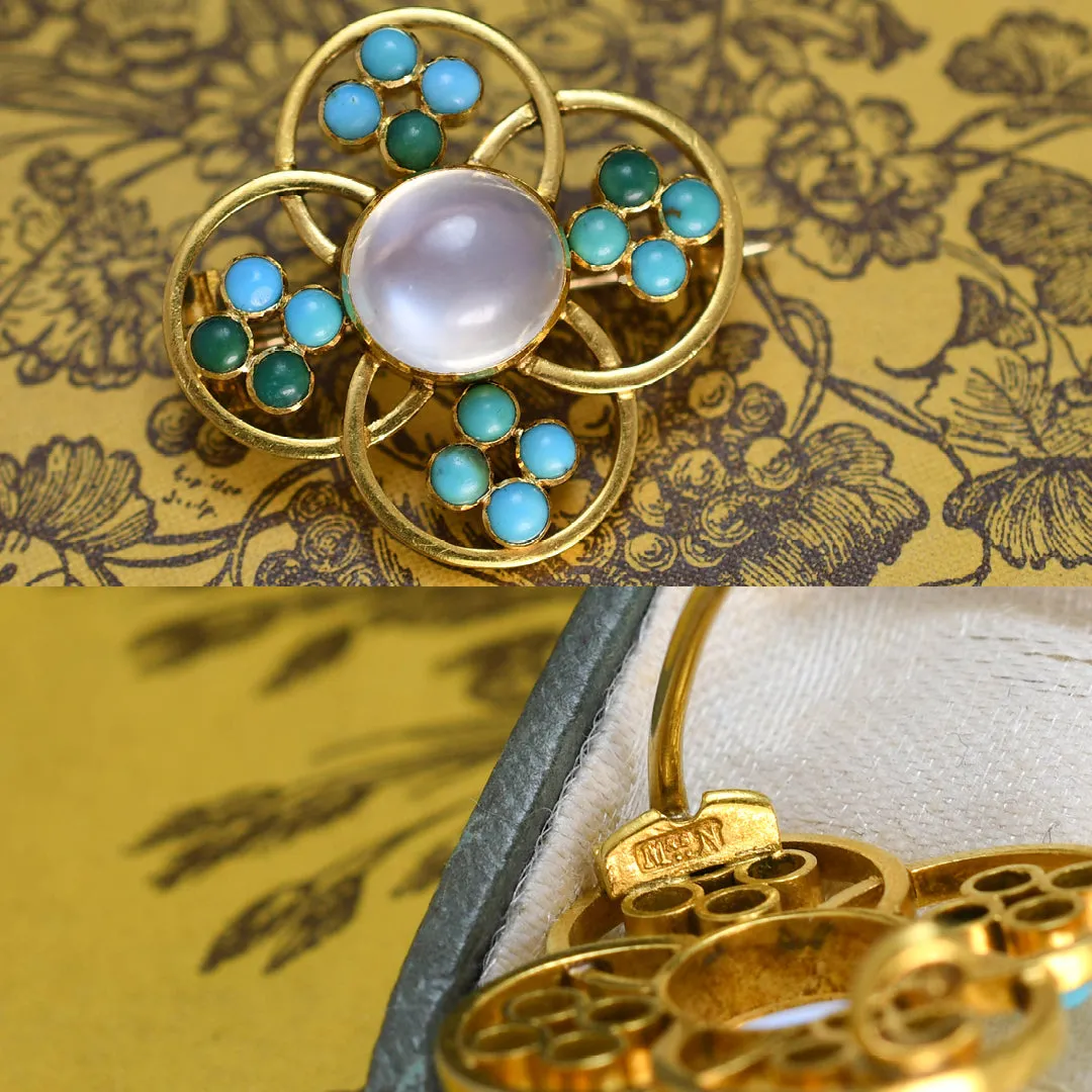 Art Nouveau "Mrs. Newman" Moonstone & Turquoise Brooch