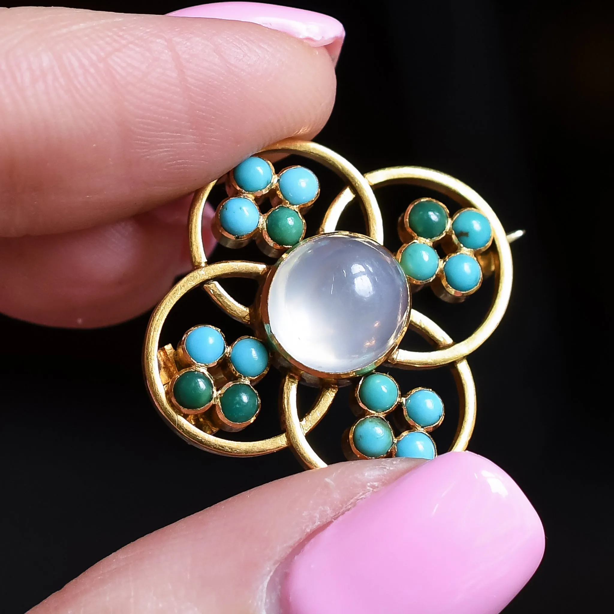 Art Nouveau "Mrs. Newman" Moonstone & Turquoise Brooch