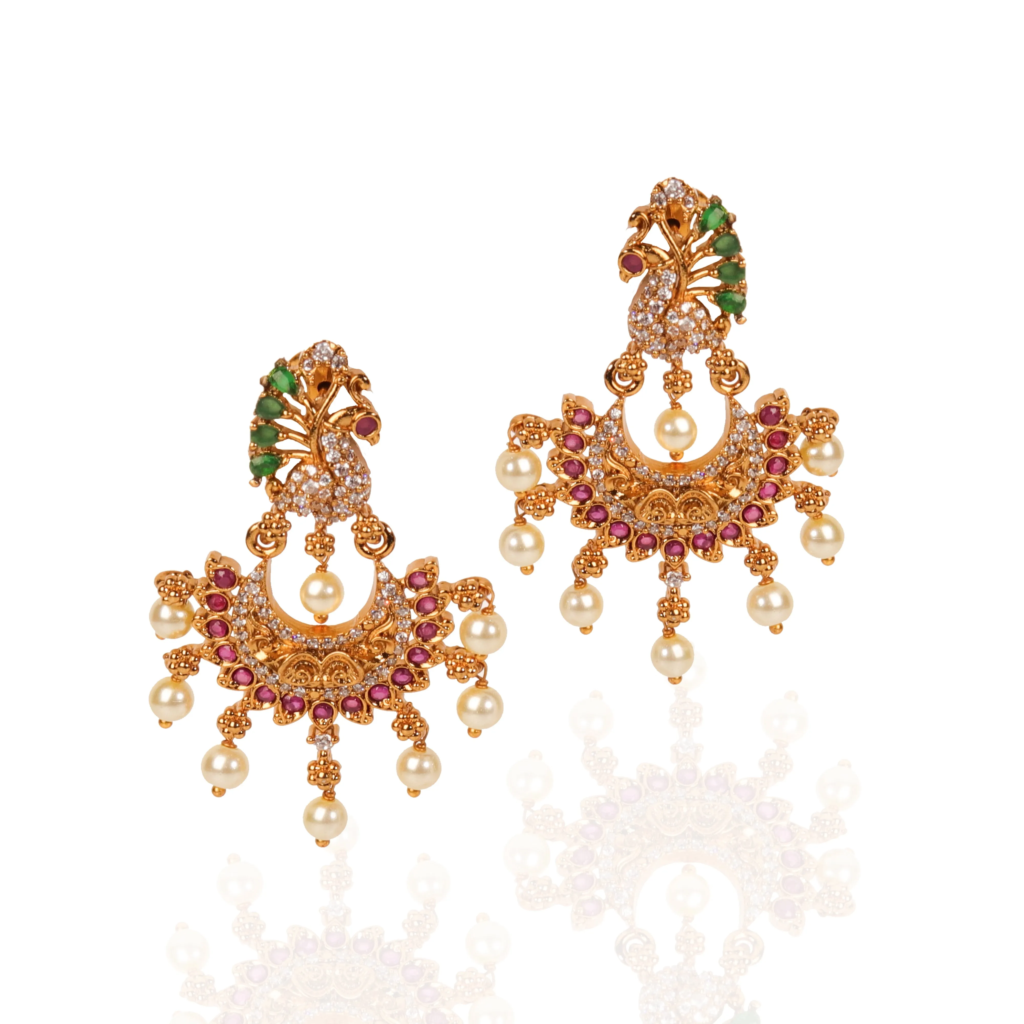 Attractive Gold Plated Peacock Inspired CZ Multi Stone Chandbali Earring For Women