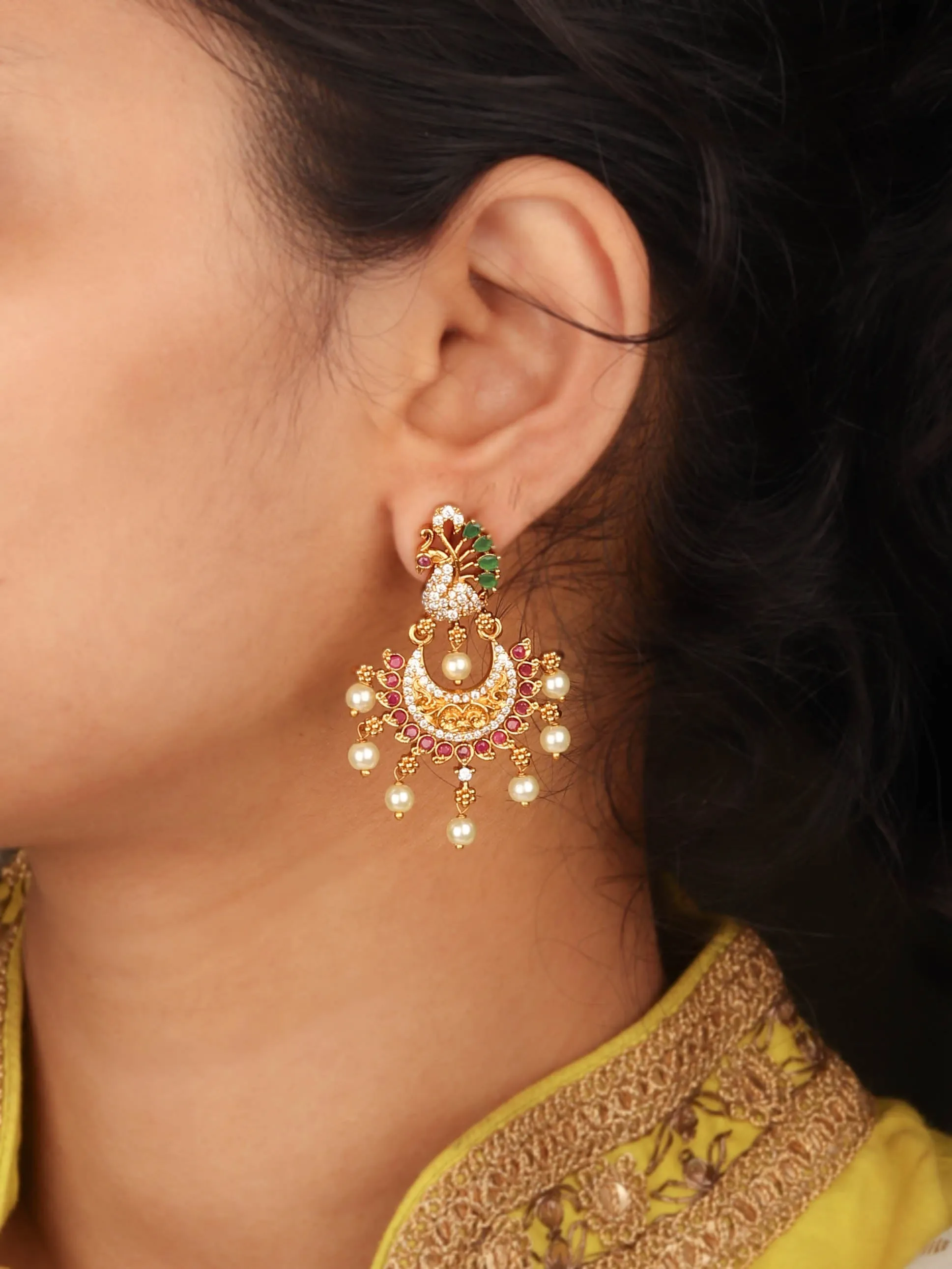 Attractive Gold Plated Peacock Inspired CZ Multi Stone Chandbali Earring For Women