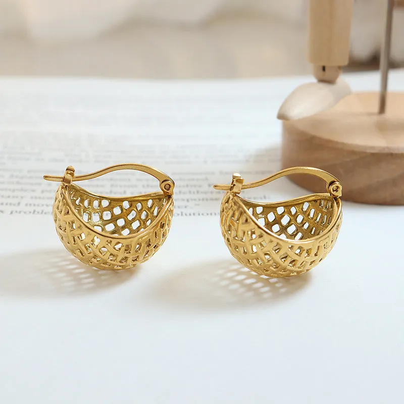 Autumn Chic Hong Kong Style Titanium Steel Gold Plated Earrings with Mesh Detail