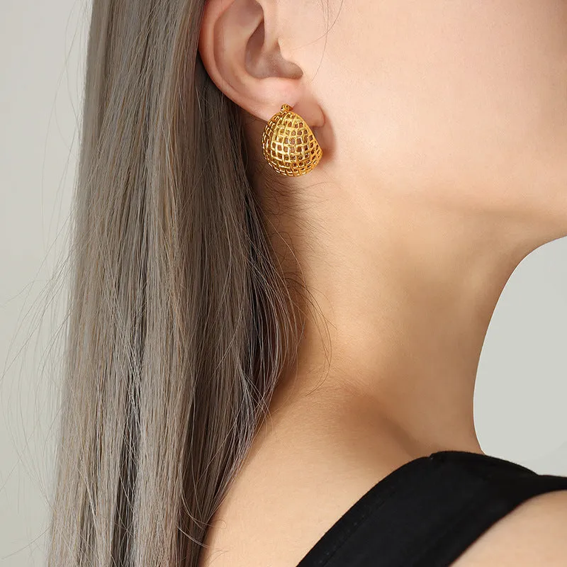 Autumn Chic Hong Kong Style Titanium Steel Gold Plated Earrings with Mesh Detail