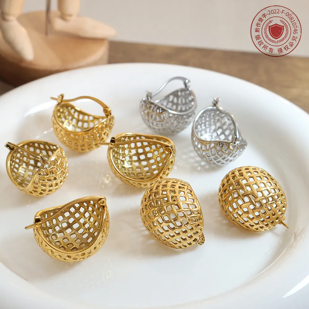 Autumn Chic Hong Kong Style Titanium Steel Gold Plated Earrings with Mesh Detail