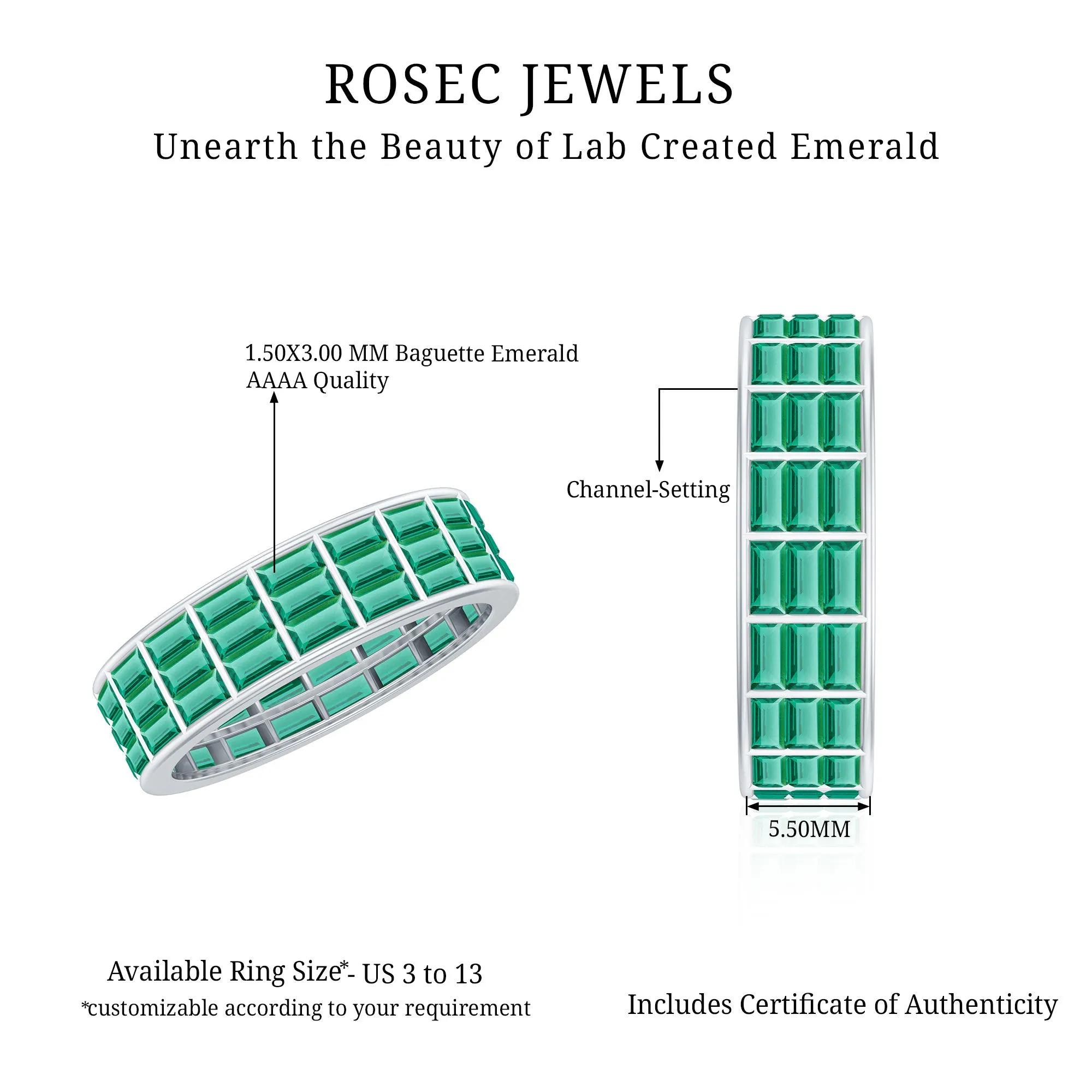 Baguette Cut Lab Grown Emerald 3 Row Wide Eternity Band