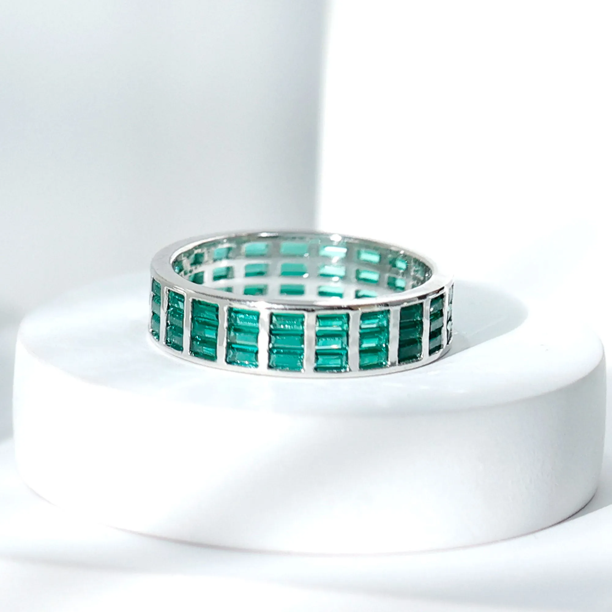 Baguette Cut Lab Grown Emerald 3 Row Wide Eternity Band