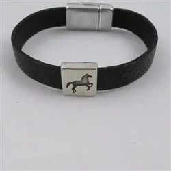 Black Women's Leather Bracelet Horse Accent