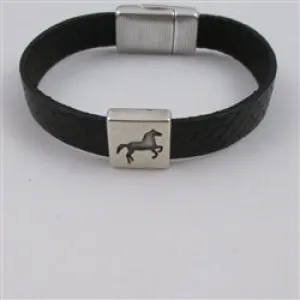 Black Women's Leather Bracelet Horse Accent