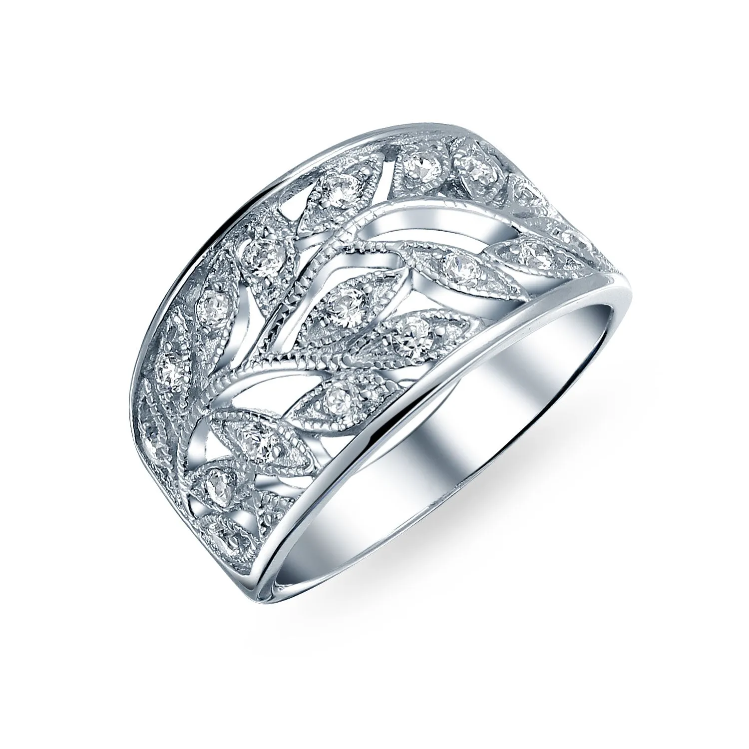 Boho Pave Cubic Zirconia Silver Ring with Open Filigree Leaf Design