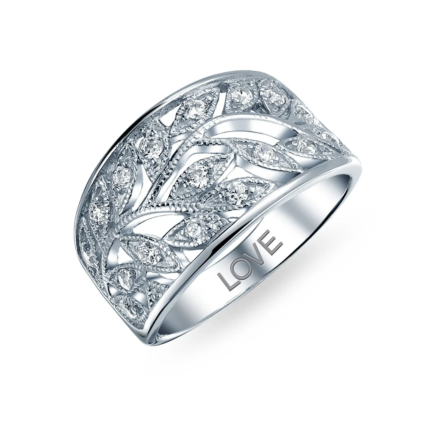 Boho Pave Cubic Zirconia Silver Ring with Open Filigree Leaf Design