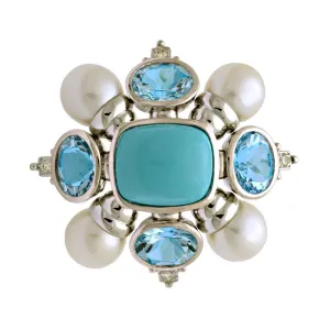 Brooch-Turquoise, Blue Topaz, South Sea Pearl and Diamond  (134CS)