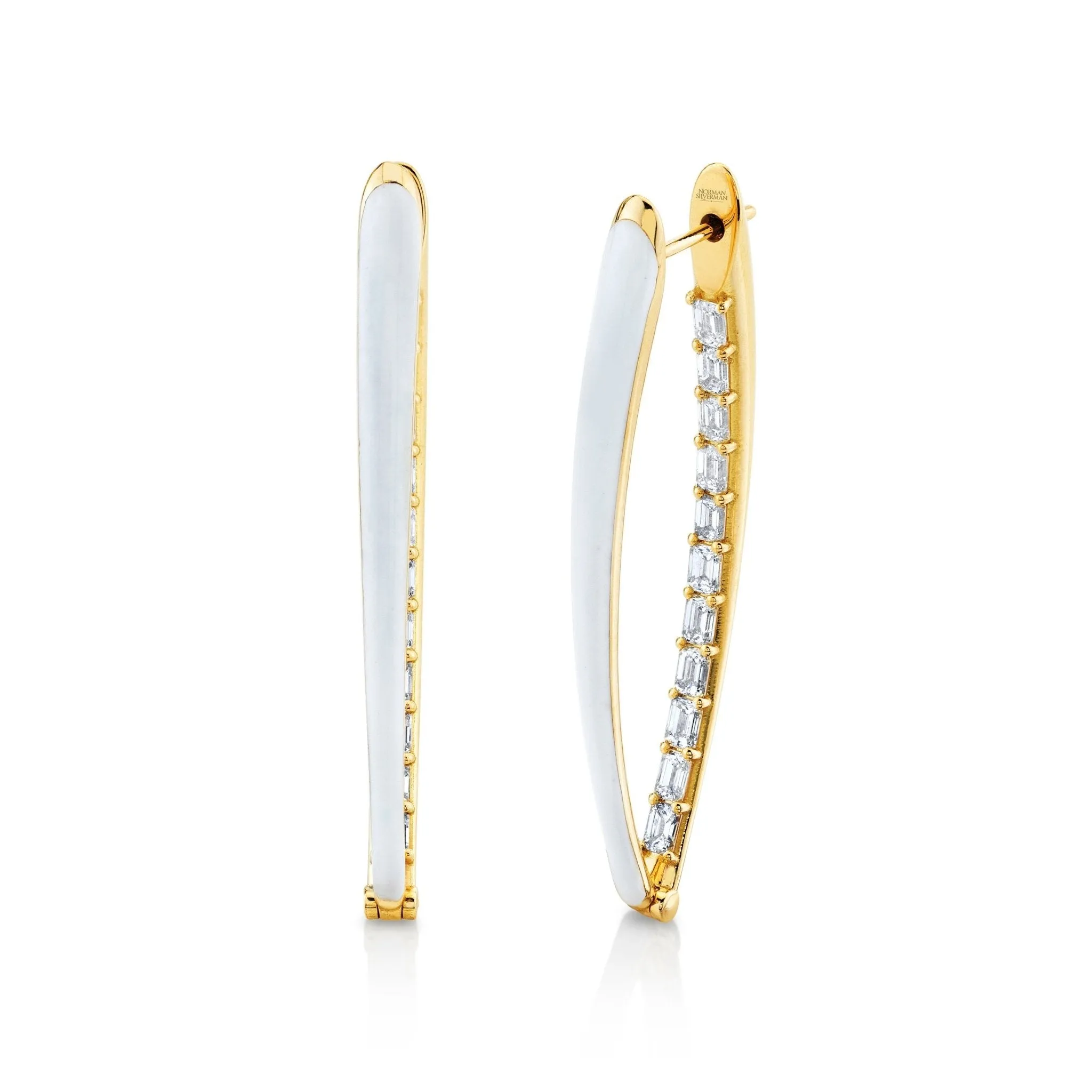 Diamond Hoop Earrings with White Enamel