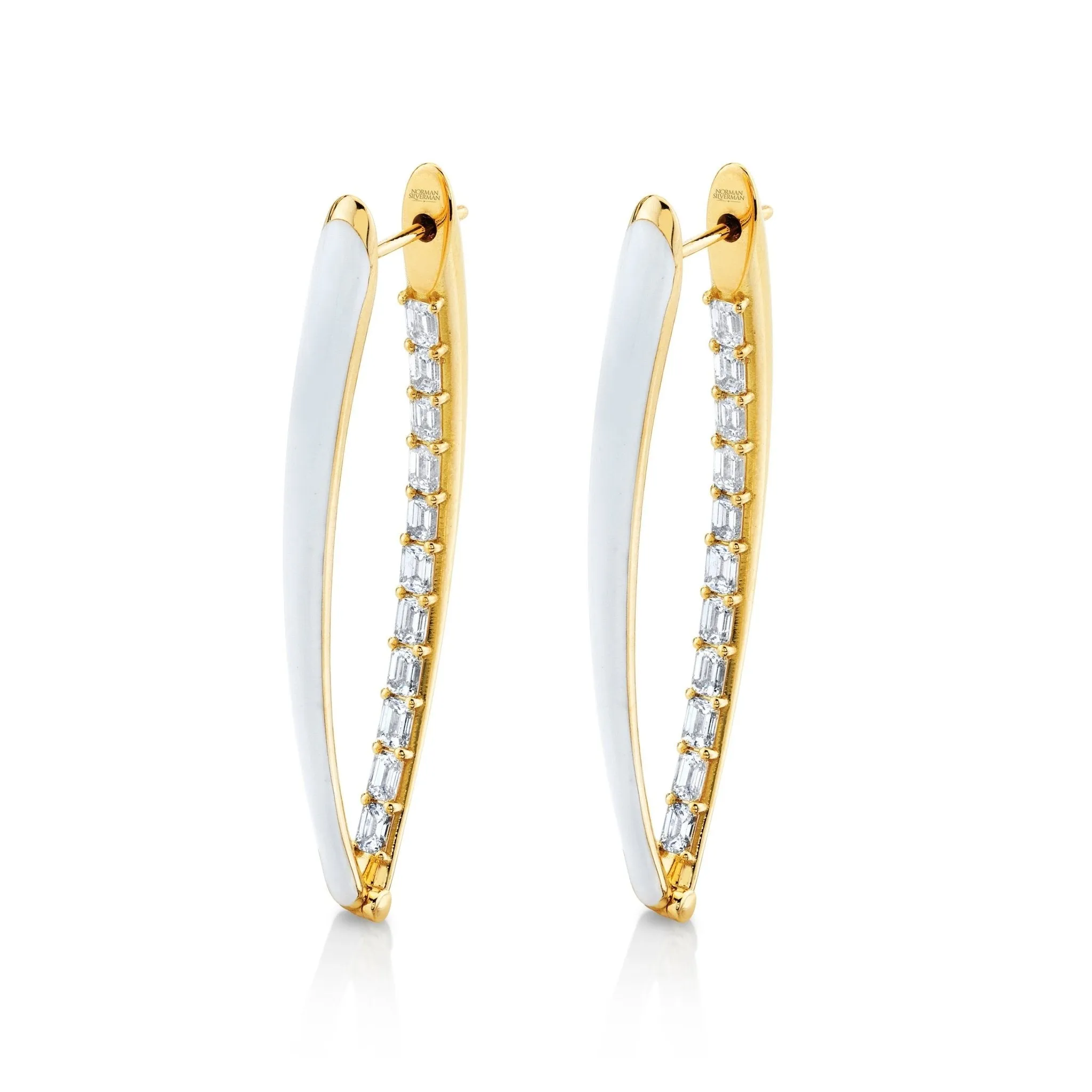 Diamond Hoop Earrings with White Enamel