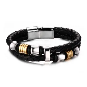 Double-deck Genuine Leather Bracelets & Bangles Brown Casual Style Wear Sets Men Jewelry Stainless Steel Wristband