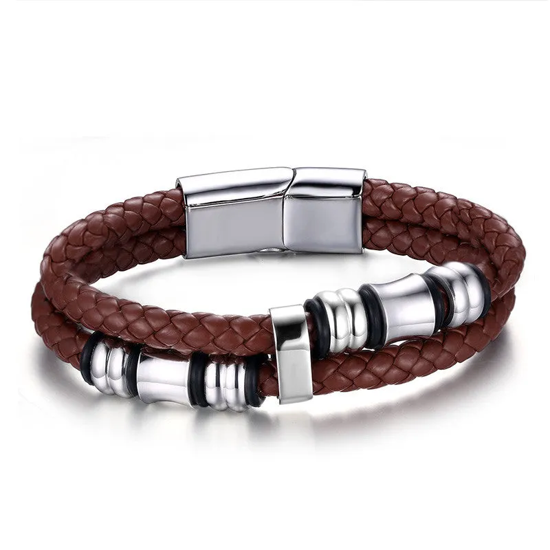 Double-deck Genuine Leather Bracelets & Bangles Brown Casual Style Wear Sets Men Jewelry Stainless Steel Wristband