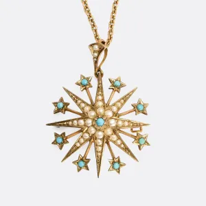 Edwardian Turquoise & Pearl Starburst Pendant