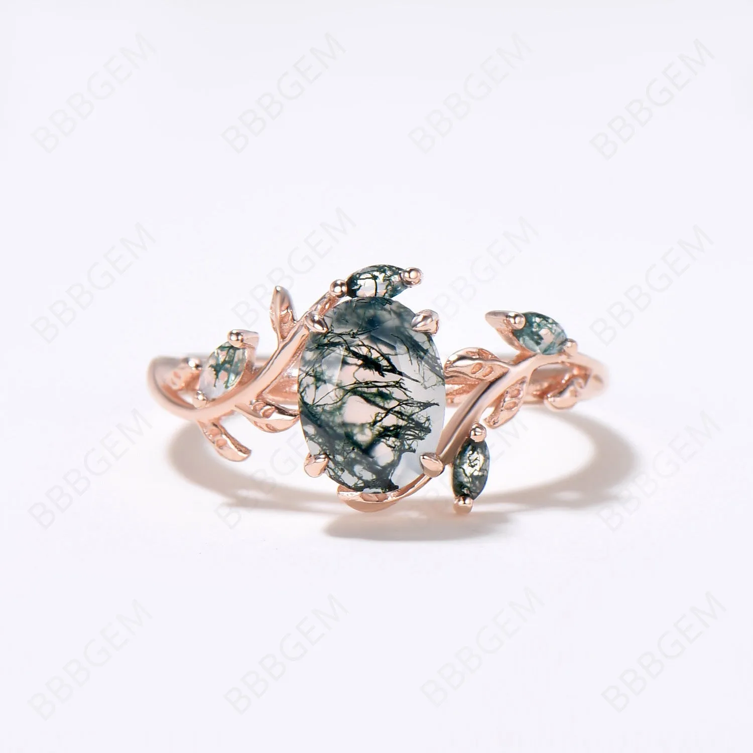 Enchanted Forest: Oval 6x8 Moss Agate Wedding Set in 14K Rose Gold - A Tribute to Nature's Elegance