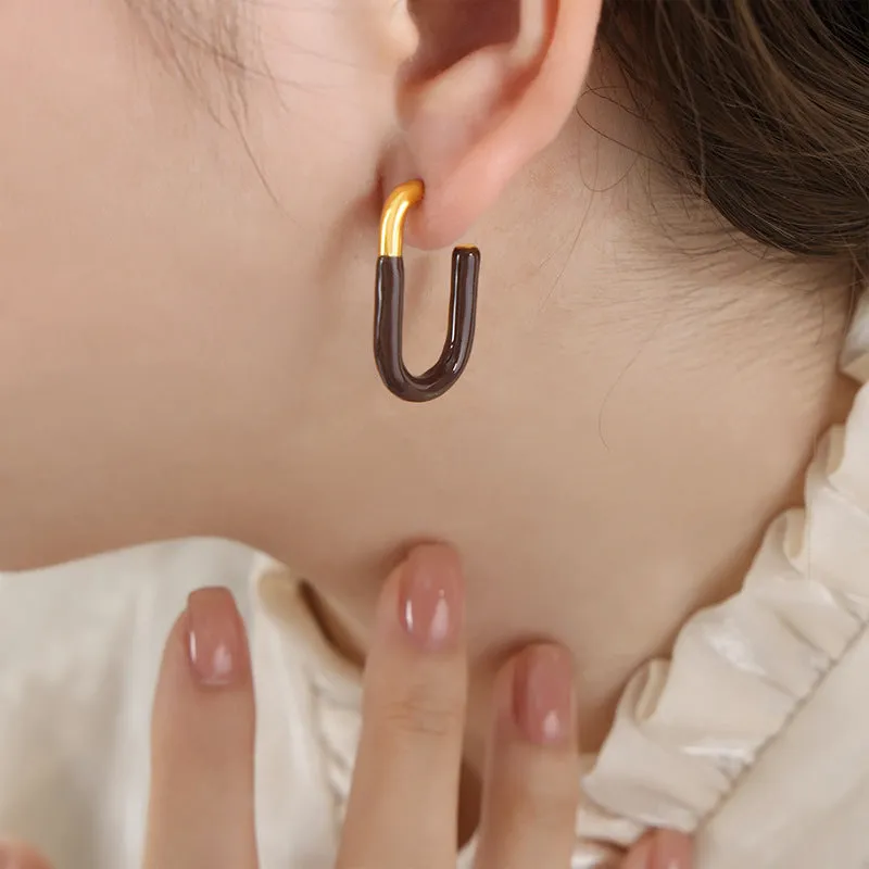 French-Inspired Gold-Plated U-Shaped Earrings with Drip Oil Design