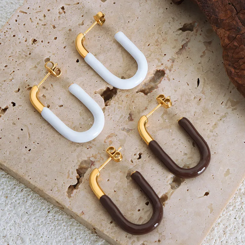 French-Inspired Gold-Plated U-Shaped Earrings with Drip Oil Design