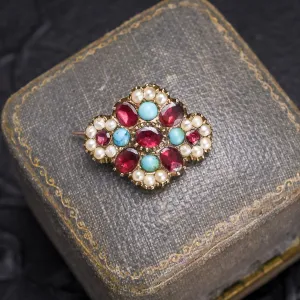 Georgian Garnet, Turquoise & Pearl Quatrefoil Brooch