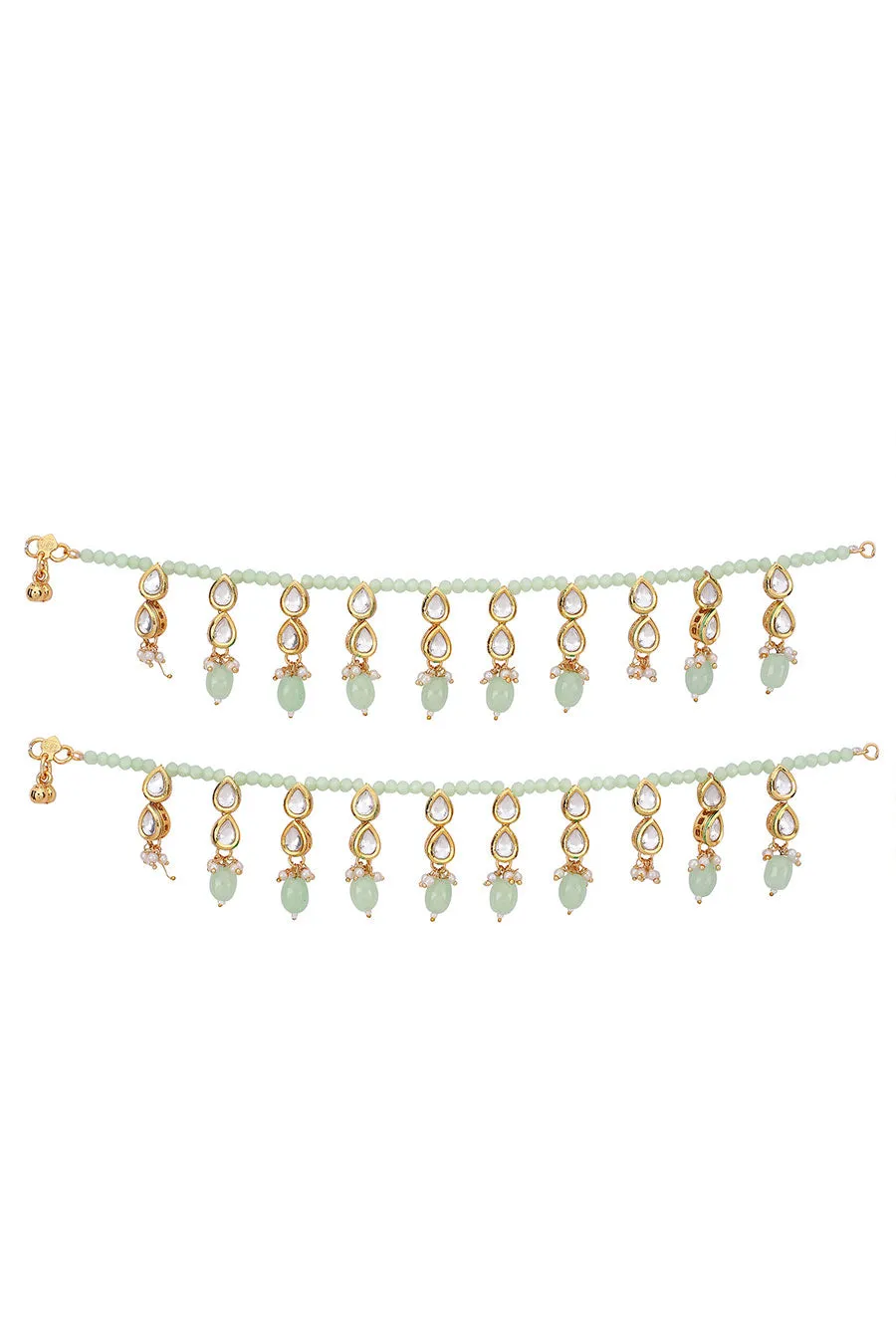 Gold Plated Kundan Stone & Beaded Anklets (Set of 2)