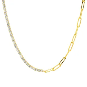 HALF & HALF PAPERCLIP CZ TENNIS NECKLACE, GOLD