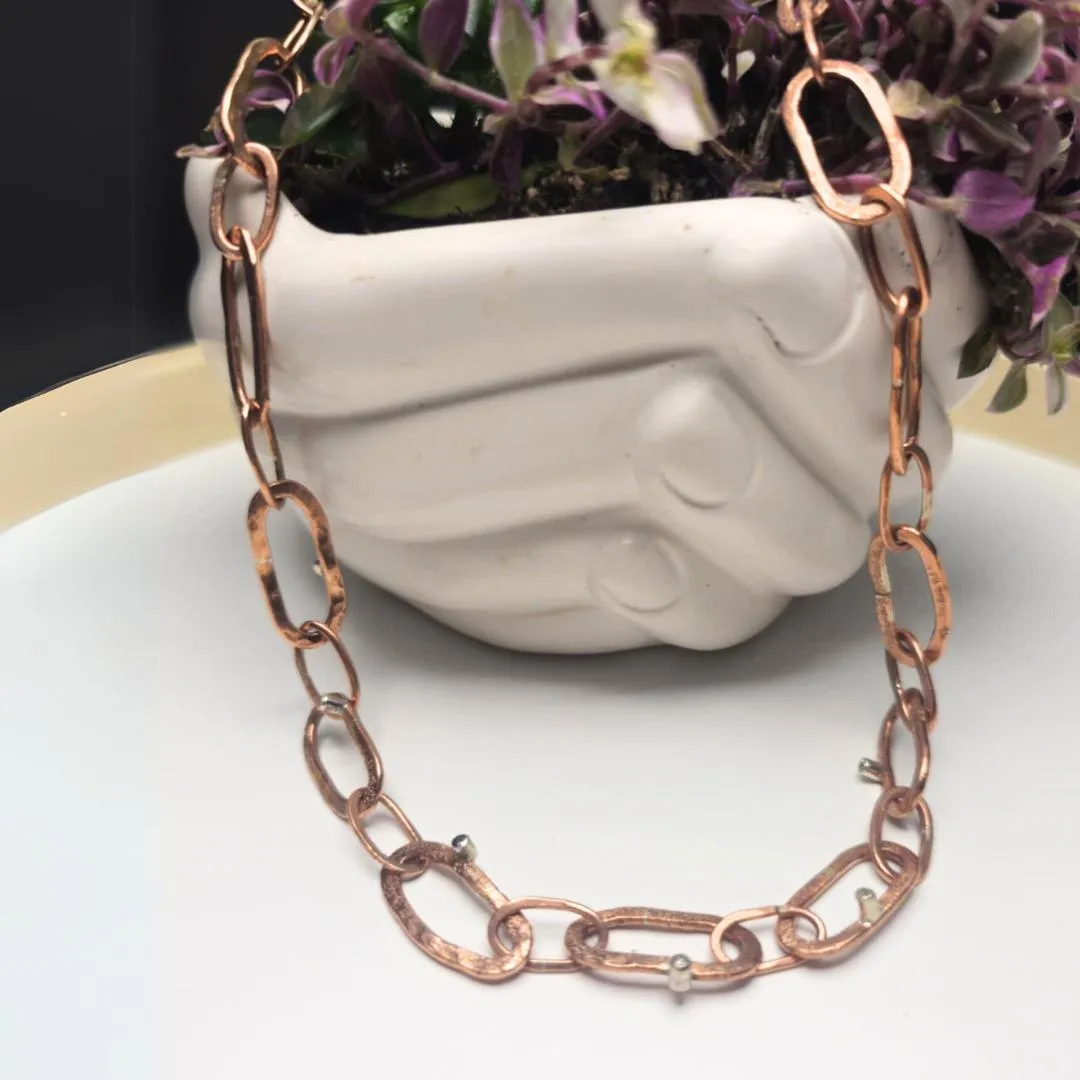 Hammered Copper Chain Necklace – Handmade with Set Stones for a Rustic Statement