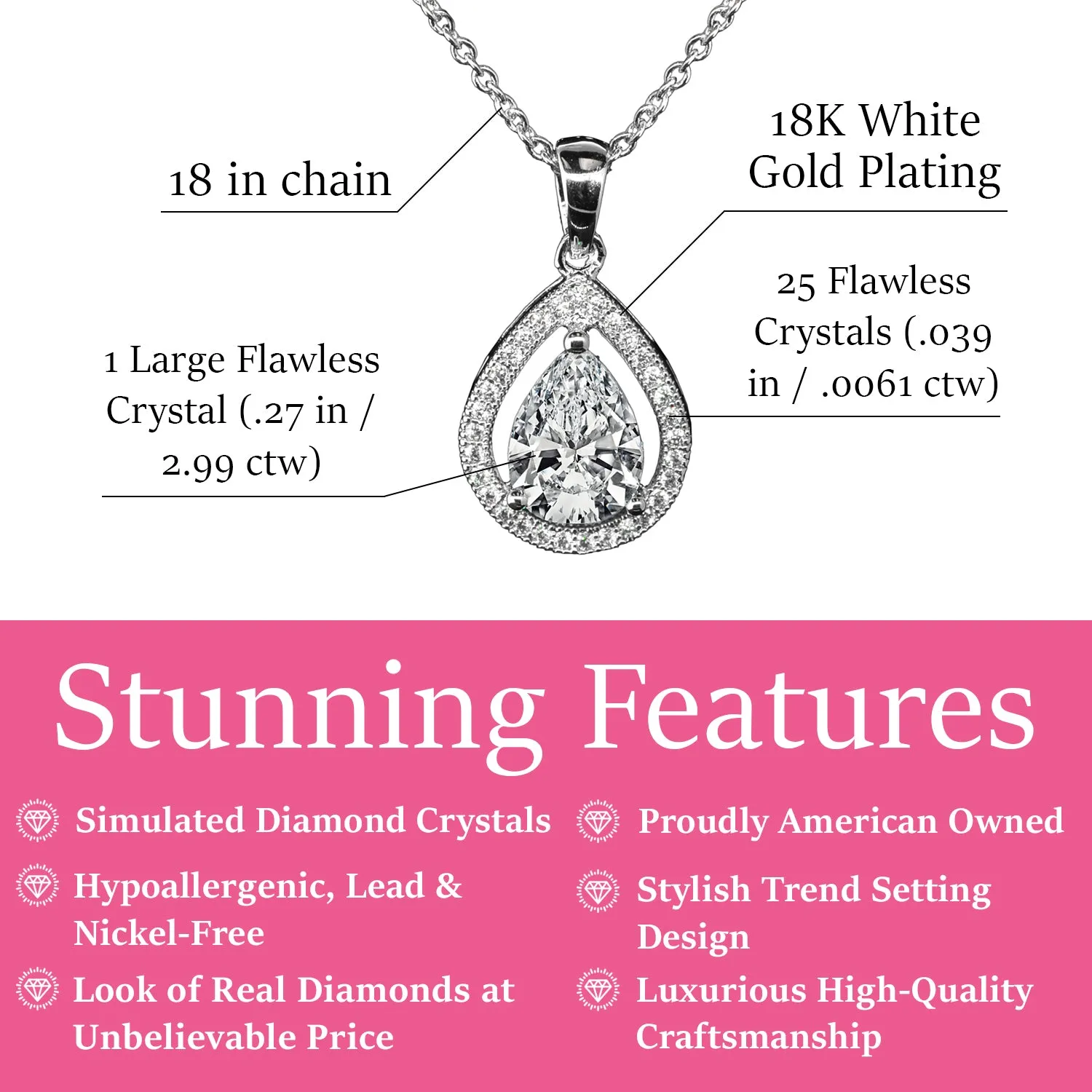 Isabel 18k White Gold Plated Halo Teardrop Necklace with Simulated Diamond Crystal